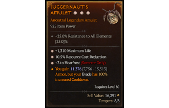 Legendary Amulet[Sorcerer | *3 Hoarfrost | *10.5 RCR | *1310 Life]