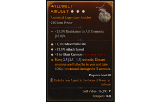 Legendary Amulet[Sorcerer | *3 GlassCannon | *13.5 ATKSPD | *1310 Life]