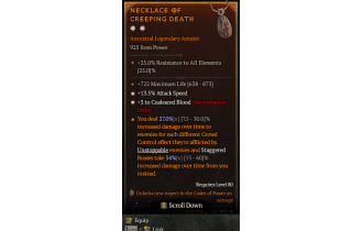 Legendary Amulet[Necromancer | *3 CoalescedBlood | *13.5 ATKSPD | 722 Life]