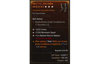 Legendary Boots[Necromancer | *3 SkelWarrior | *27 MS | *2625 Armor]