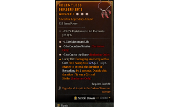 Legendary Amulet[Barbarian | *3 CutToTheBone | *3 Counteroffensive | *1310 Life]