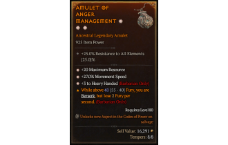 Legendary Amulet[Barbarian | *3 HeavyHanded | *27 MS | *20 MR]