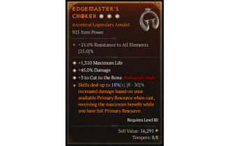 Legendary Amulet[Barbarian | *3 CutToTheBone | *45 DMG | *1310 Life]