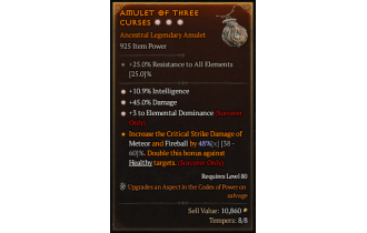 Legendary Amulet[Sorcerer | *3 ElementalDominance | *45 DMG | *10.9% INT]