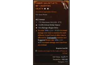 Legendary Gloves[Barrage | *4 Barrage | *12 Crit | 793 Life]