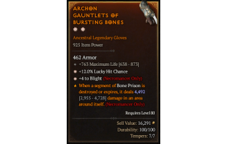 Legendary Gloves[Blight | *4 Blight | *12 LHC | 763 Life]