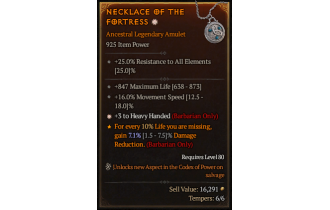 Legendary Amulet[Barbarian | *3 HeavyHanded | 16 MS | 847 Life]