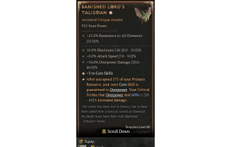 Banished Lord's Talisman[*DMG 60 | *3 CoreSkills | 8 ATKSPD | 10 %Life | 54 DMG_Overpower]