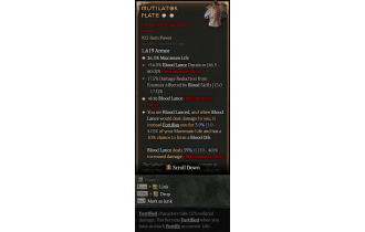 Mutilator Plate[*UNIQUE 3.9 | *6 BloodLance | *26 %Life | 17.5 DR_BLOOD | 54 BloodLance Duration]