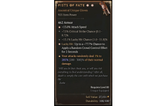 Fists of Fate[*DMG 285 | *13 ATKSPD | *77.7 LH:CC | 13.1 LHC | 7.5 Crit]