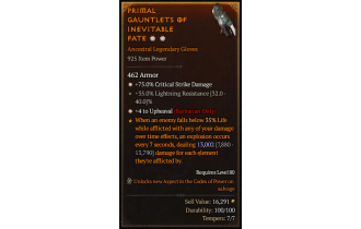 Legendary Gloves[Upheaval | *4 Upheaval | *75 DMG_Crit | 35 LR]