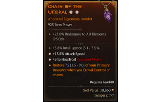 Legendary Amulet[Sorcerer | *3 Hoarfrost | *13.5 ATKSPD | 5.8% INT]