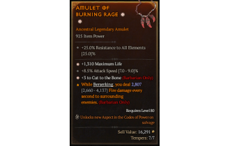 Legendary Amulet[Barbarian | *3 CutToTheBone | *1310 Life | 8.5 ATKSPD]