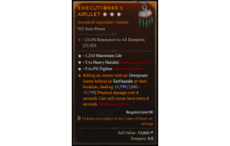 Legendary Amulet[Barbarian | *3 HeavyHanded | *3 PitFighter | *1310 Life]