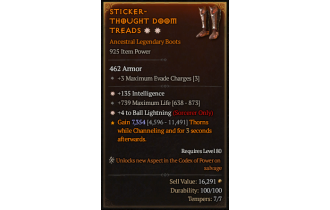 Legendary Boots[Sorcerer | *4 BallLightning | *135 INT | 739 Life]