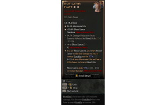 Mutilator Plate[*UNIQUE 3.7 | *26 %Life | *90 BloodLance Duration | 4 BloodLance | 14.5 DR_BLOOD]