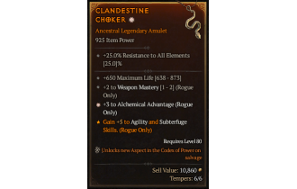 Legendary Amulet[Rogue | *3 AlchemicalAdvantage | 2 WeaponMastery | 650 Life]