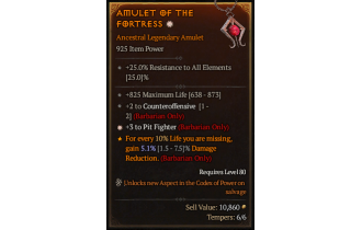 Legendary Amulet[Barbarian | *3 PitFighter | 2 Counteroffensive | 825 Life]