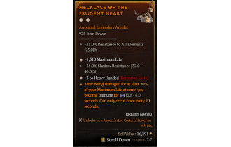 Legendary Amulet[Barbarian | *3 HeavyHanded | *1310 Life | 35 SR]