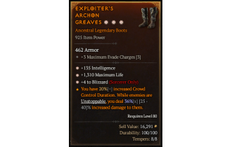 Legendary Boots[Sorcerer | *4 Blizzard | *135 INT | *1310 Life]