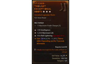 Legendary Boots[Sorcerer | *4 BallLightning | *135 INT | *1310 Life]