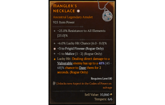 Legendary Amulet[Rogue | *3 FrigidFinesse | 1 Malice | 6 LHC]