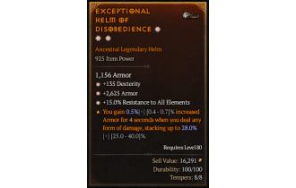 Legendary Helm[*15 ResistAll | *2625 Armor | *135 DEX]