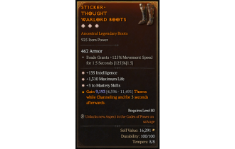 Legendary Boots[Sorcerer | *3 Mastery | *135 INT | *1310 Life]