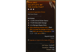 Legendary Gloves[Barrage | *4 Barrage | *12 Crit | *75 DMG_Vulnerable]