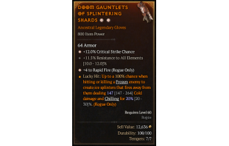 Legendary Gloves[RapidFire | *4 RapidFire | *12 Crit | 11.5 ResistAll]