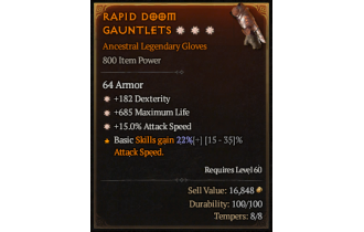 Legendary Gloves[*15 ATKSPD | *182 DEX | *685 Life]