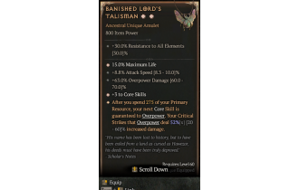 Banished Lord's Talisman[*DMG 52 | *3 CoreSkills | *15 %Life | 8.8 ATKSPD | 63 DMG_Overpower]