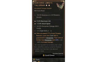 Banished Lord's Talisman[*DMG 60 | *15 ATKSPD | *15 %Life | 2 CoreSkills | 65 DMG_Overpower]