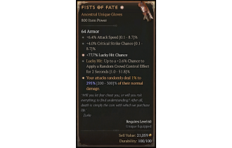 Fists of Fate[*DMG 295 | *77.7 LHC | 4 Crit | 6.4 ATKSPD | 2.6 LH:CC]