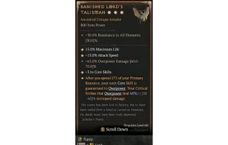 Banished Lord's Talisman[*DMG 60 | *3 CoreSkills | *15 ATKSPD | *15 %Life | 63 DMG_Overpower]