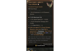 Banished Lord's Talisman[*DMG 60 | *15 %Life | 2 CoreSkills | 9.3 ATKSPD | 70 DMG_Overpower]