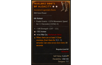 Legendary Boots[Barbarian | *4 WarCry | *352 Armor | 108 STR]