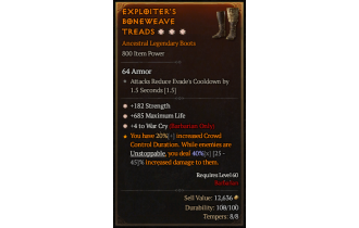 Legendary Boots[Barbarian | *4 WarCry | *182 STR | *685 Life]