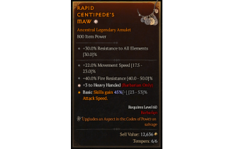 Legendary Amulet[Barbarian | *3 HeavyHanded | 22 MS | 40 FR]