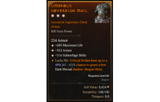 Legendary Chest Armor[Rogue | *3 Subterfuge | *352 Armor | *685 Life]