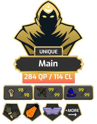 Main | TTL: 1928 | CL: 114 | QP: 284 [99 MAGE, 99 RAN, B Gloves, Defender, DS2, Fire Cape, Piety, Void + MORE!]