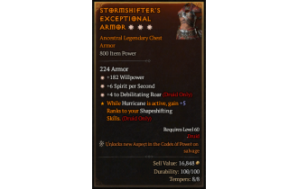 Legendary Chest Armor[Druid | *4 DebilitatingRoar | *6 SpS | *182 WP]