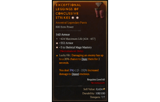 Legendary Pants[Necromancer | *3 SkelMage | *352 Armor | 424 Life]