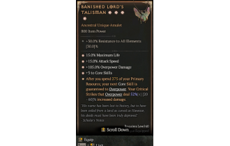 Banished Lord's Talisman[*DMG 52 | *3 CoreSkills | *15 ATKSPD | *15 %Life | *105 DMG_Overpower]