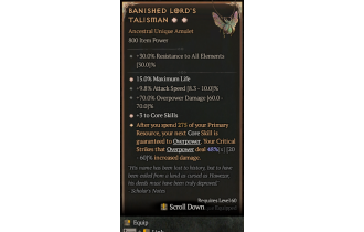 Banished Lord's Talisman[*DMG 48 | *3 CoreSkills | *15 %Life | 9.8 ATKSPD | 70 DMG_Overpower]