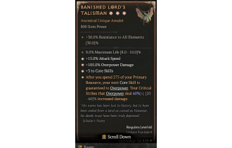 Banished Lord's Talisman[*DMG 60 | *3 CoreSkills | *15 ATKSPD | *105 DMG_Overpower | 8 %Life]