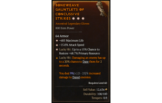 Legendary Gloves[*15 ATKSPD | *68.7 LH:Res | *685 Life]