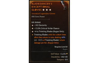 Legendary Gloves[TwistingBlades | *4 TwistingBlades | *12 Crit | *182 DEX]