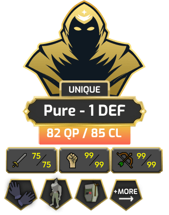 Pure - 1 DEF | TTL: 1051 | CL: 85 | QP: 82 [99 MAGE, 99 RAN, 99 STR, Max POH, Mithril Gloves, MA1 & MA2, Ava's + MORE!]