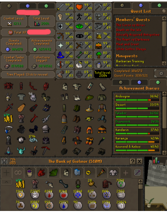 Main | Ironman | TTL: 2084 | CL: 123 | QP: 308 [99 RAN, B Gloves, Defender, DS2, Fire Cape, Piety, Void, Graceful + MORE!]